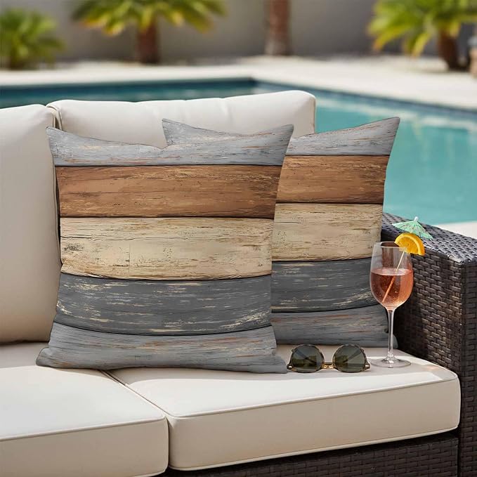 Farmhouse Haze Blue Brown Outdoor Waterproof Pillow Covers, Vintage Wooden Striped Decorative Square Throw Pillowcase Sofa Cushion Sham for Patio/Couch/Chair, 18"x18" 2 Pack