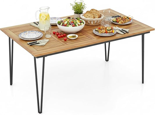 Tangkula 63" Large Patio Dining Table for 6, Acacia Wood 6-Person Dining Table with 2" Umbrella Hole & Metal Legs & Adjustable Foot Pads, Rectangular Outside Table for Garden, Poolside & Backyard