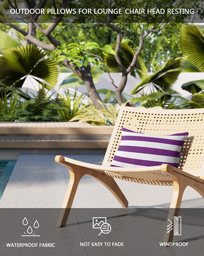 T&H XHome Outdoor Pillow for Chaise Lounge Chair, Purple White Stripe Waterproof Headrest Pillow Lumbar Pillows with Adjustable Elastic Strap for Beach, Poolside, Patio, Office (1 Pack)