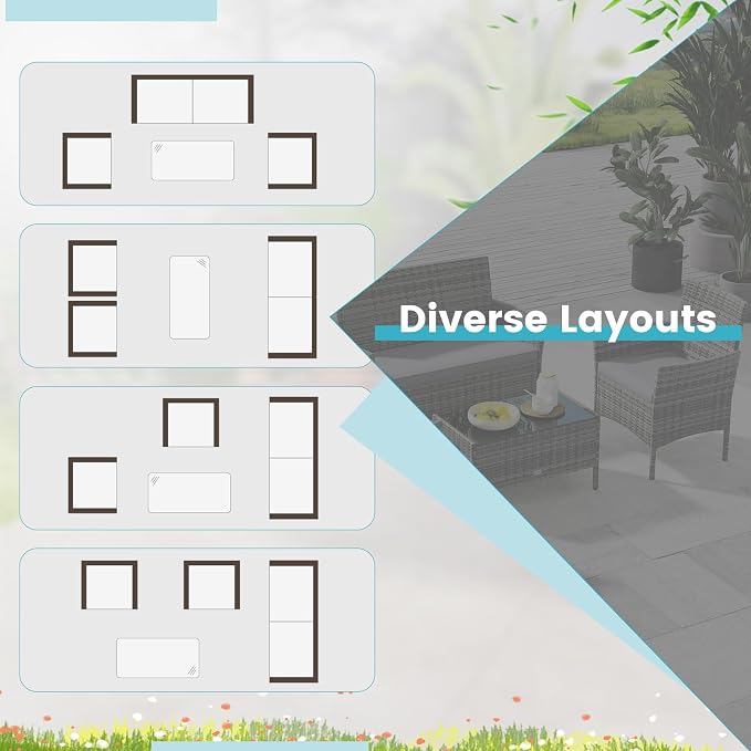 HAPPYGRILL 8 Pieces Outdoor Rattan Conversation Set, Patio Wicker Furniture Set with Loveseat Chairs & Tempered Glass Coffee Table, Outside Sectional Sofa Set for Backyard Garden Poolside, Gray