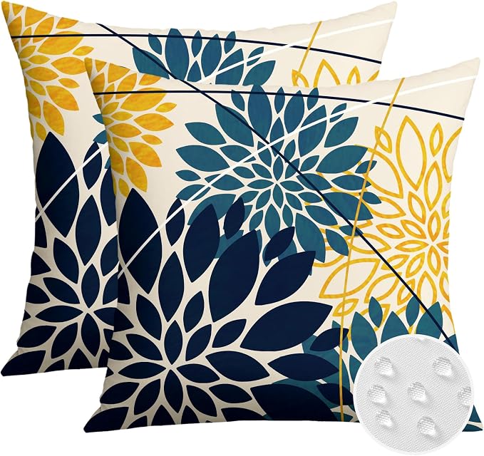 OTOSTAR Outdoor Dark Blue Yellow Cyan Pillow Covers 16x16 Inch Set of 2 Flower Throw Pillows Farmhouse Geometric Dahlia Floral Square Cushion Case Waterproof Decor for Sofa Patio Funiture Garden