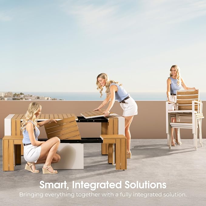 Transformer Table - Extendable Outdoor Dining Set up to 12, Expandable Patio Table, Weather-Resistant Patio Furniture, Light Oak, Natural (Table + Bench + 4 Chairs)