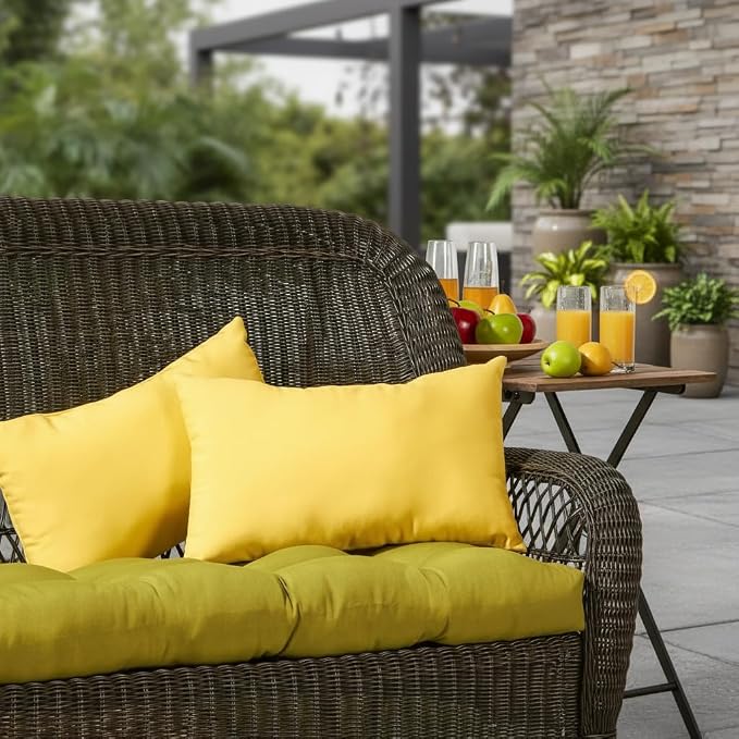 Set of 2 Outdoor Throw Pillows 19 x 12 Inch – Reversible Rectangle Patio Accent Pillows – Weather-Resistant Polyester Fabric – Eco-Friendly Recycled Polyfiber Fill – Sunbeam