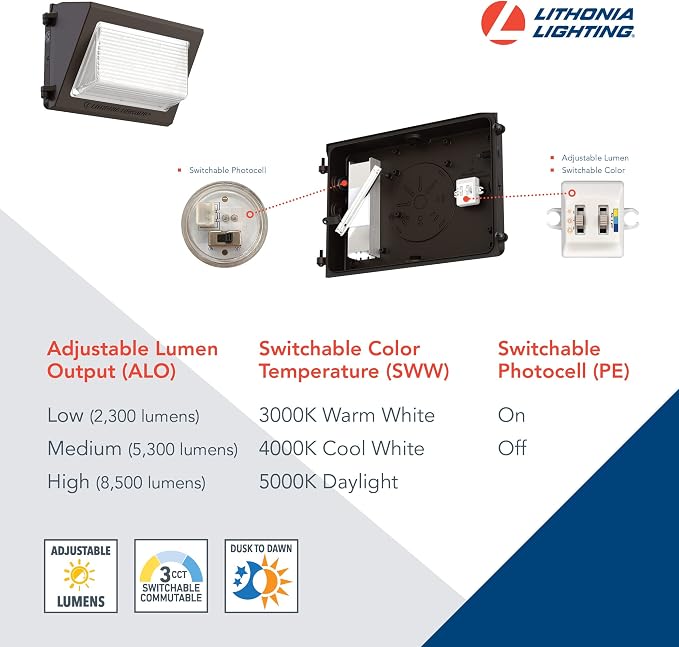 Lithonia Lighting 13" LED Wall Pack Outdoor Light, Dusk to Dawn Photocell | Bronze Outdoor Light Fixture, 3000K/4000K/5000K CCT, Adjustable Lumens, UVOLT (TWR1 LED ALO SWW2 UVOLT PE DDBTXD)
