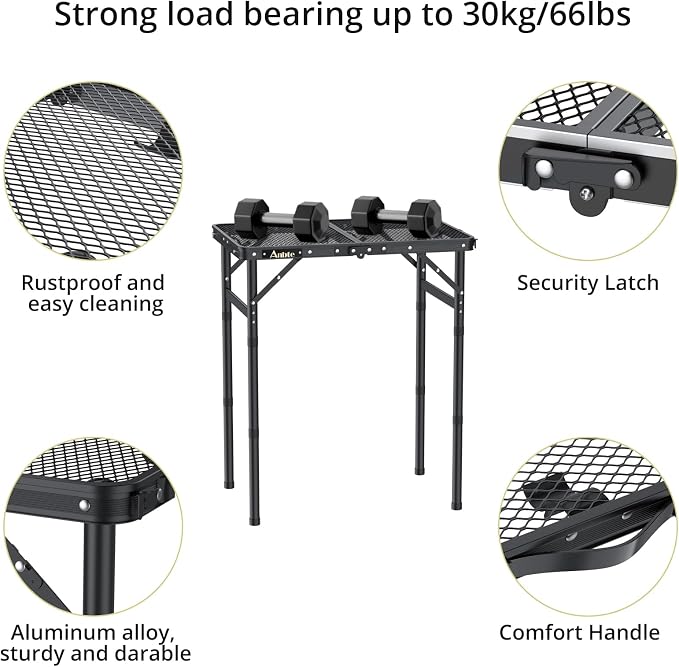 Anbte Folding Grill Table, Aluminum Camping Table Adjustable Height Max 27.5" Picnic Table Outdoor Table, Lightweight, Portable Handle for Travel Cooking BBQ Picnic, 22.8" x 16", Black