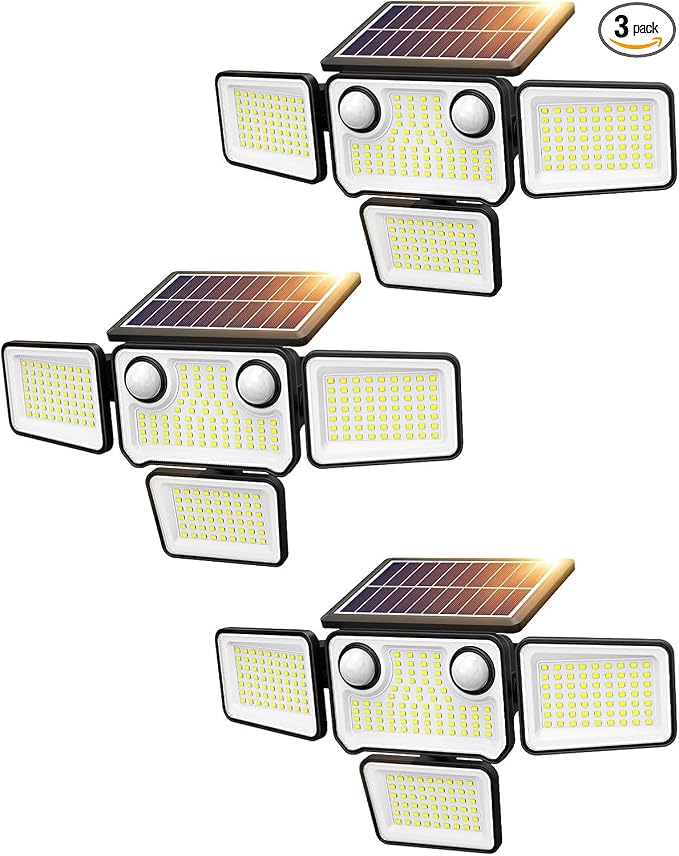 4500LM Solar Lights Outdoor Waterproof, 254 LED Solar Flood Lights Outdoor with 2 Motion Sensor, 4 Heads Security Light with Remote Control for Yard Outside House Garage 3 Pack