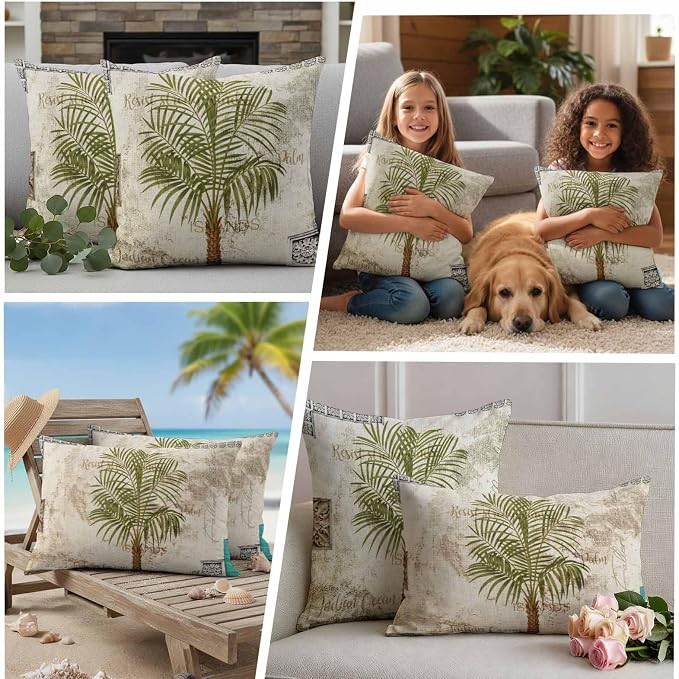 Vintage Palm Trees Waterproof Outdoor Pillow Covers 20''x12'' Set of 2, Beige Burlap Patio Furniture Summer Botanical Cushion Covers for Chairs, Decorative Tropical Pillow Cases for Garden/Pool/Beach