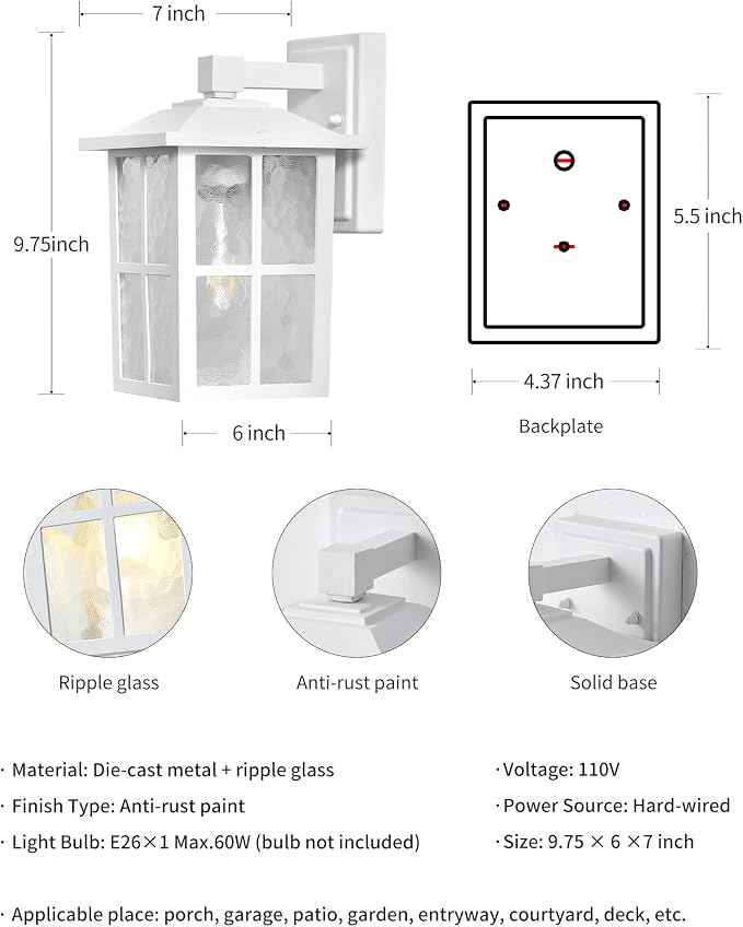 KDG White Outdoor Waterproof Modern Patio Wall Light Fixtures Set of 2 | E26 Socket Exterior Lanterns & Sconce with Tempered Glass, Wall Mounted Lamps for Home, Front Door, Garden, Garage, Porch