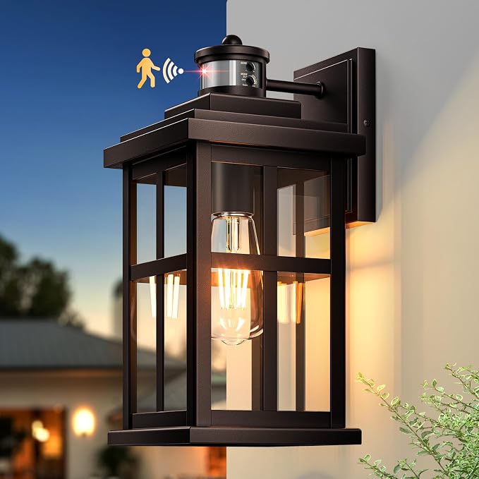 Large Motion Sensor Exterior Light Fixture, Bronze Dusk to Dawn Outdoor Wall Lights, Waterproof Exterior Lights for House, Porch, Doorway, Garage, 100% Aluminum