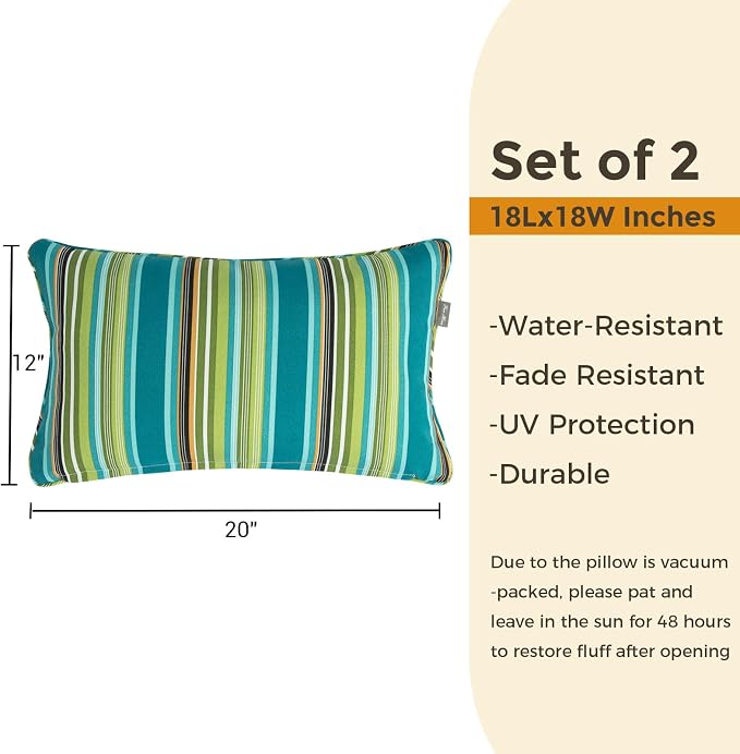 FUNHOME Outdoor Lumbar Pillows 12x20 inch,Decorative Throw Pillow Set of 2 with Insert,Water Resistant Headrests for Patio Furniture Sofa Couch Chair(Green Stripe)