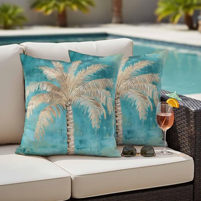 Coastal Beach Tree Outdoor Waterproof Pillow Covers, Vintage Teal Brown Decorative Square Throw Pillowcase, Tropical Palm Tree Sofa Cushion Sham for Patio/Couch/Chair, 18"x18" 2 Pack