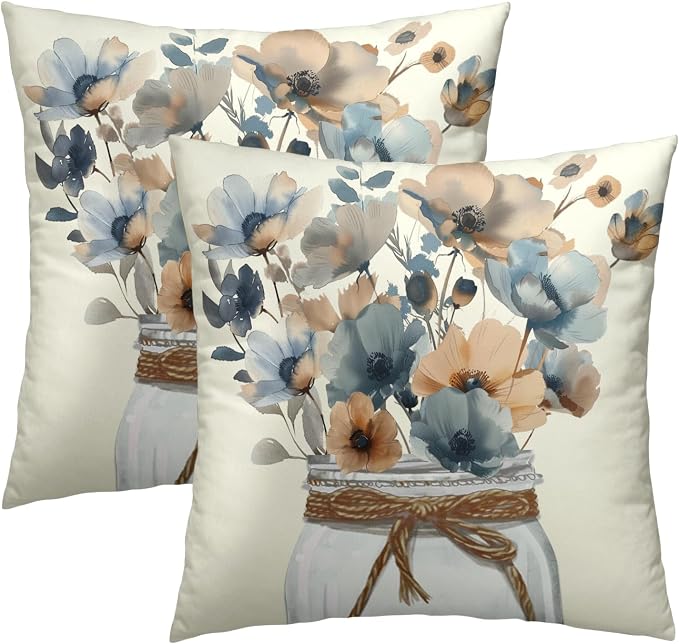 Watercolor Floral Throw Pillow Covers 22x22 Inch Set of 2, Rustic Grey Tan Flowers Decorative Pillowcase Zippered Squre Cushion Cover Farmhouse Decor for Sofa Couch Living Room Outdoor