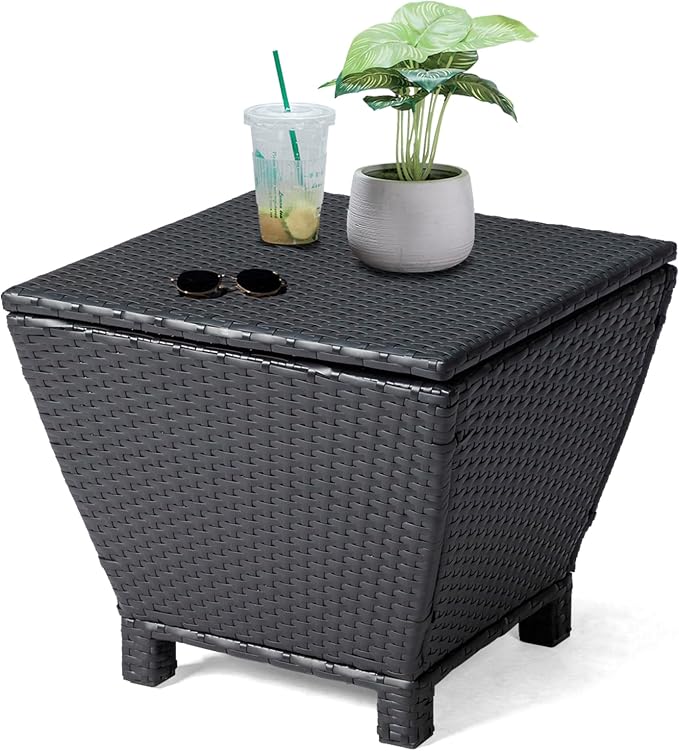 VINGLI Outdoor Side Table with Storage, 13-Gallon Patio Deck Box Outdoor Wicker Side Table for Poolside Balcony Storage Table (Black, Trapezoid)