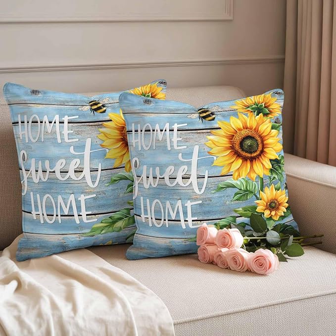 Throw Pillow Covers 16x16 Inch Set of 2, Spring Sunflower Waterproof Outdoor Pillow Covers, Bee Wooden Grain Country Rustic Decorative Cushion Pillowcases for Couch, Sofa, Bed, Garden, Patio