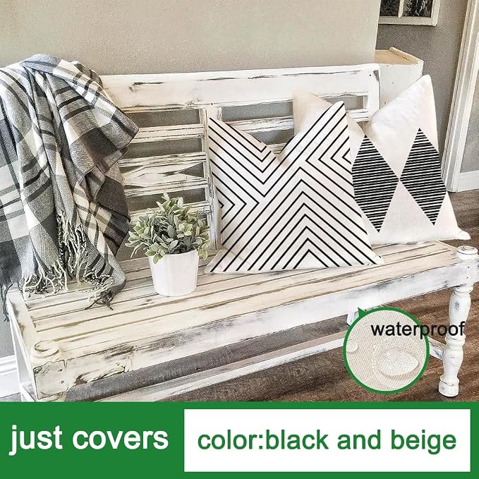 Outdoor Pillows Covers 20x20 Waterproof,Black and Beige Set of 4(No Insert) | for Covered Patio Furniture Couch Sunbrella,No Insert Just Covers,Durable Polyester,Fit 20x20 inch Inserts or Smaller,Boho