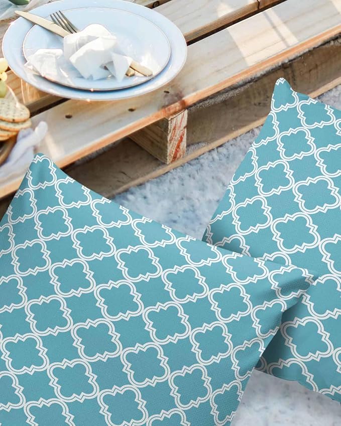 Outdoor Waterproof Pillow Covers for Patio Furniture Moroccan Pattern Decorative Throw Pillow Cover Blue Geometric Trellis Pillowcases Set of 2 Cushion Case for Sofa Couch Chair Home Decor 24x24 inch