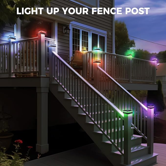 4x4 Post Solar Lights RGB Color Changing, 6 Packs Waterproof LED Solar Cap Lights for 4×4/3.5×3.5 Wood/Vinyl Posts, Post Top Lighting Outdoor for Fence Deck Mailbox Porch Railing
