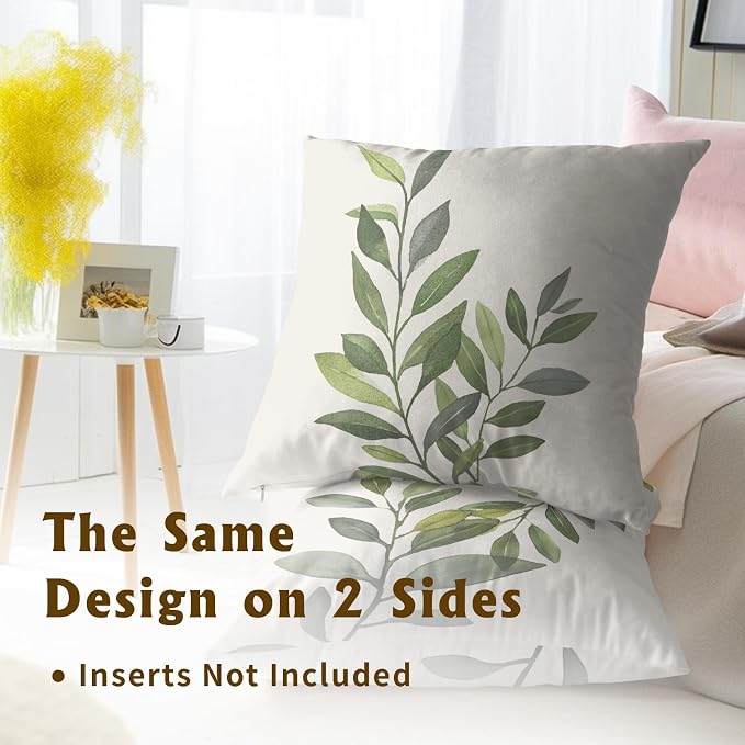 Sage Green Leaves Pillow Covers 22x22 Inch Set of 2, Grey Rustic Plants Leaf Cotton Square Decorative Throw Pillowcases for Bed Sofa Couch Porch Farmhouse Cottage Home Decor