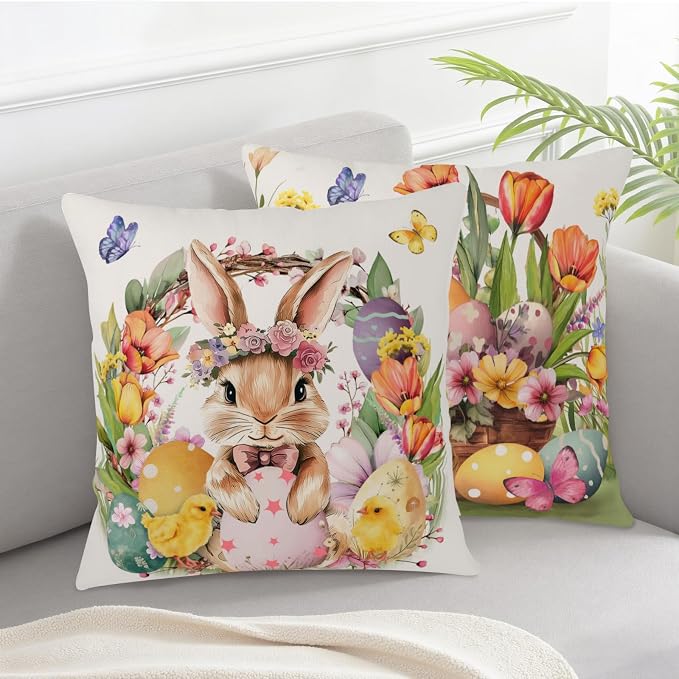 Easter Throw Pillow Covers Spring Floral Wreath Bunny Throw Pillow Covers 16x16 Set of 2 Rabbit with Tulip Flower Pillow Cases Colorful Easter Eggs Cushion Cases for Couch Sofa