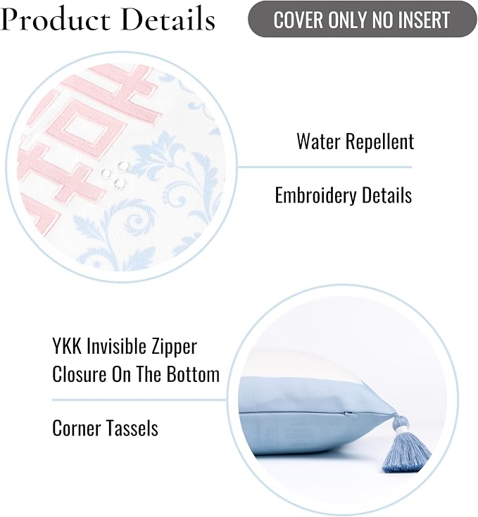 Hofdeco Premium Coastal Grandmillennial Patio Indoor Outdoor Throw Pillow Cover Only, 20"x20" Water Repellent for Backyard, Couch, Poolside, Baby Blue Pink Embroidered Happiness Chinoiserie Vase