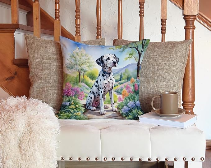 Caroline's Treasures Dalmatian Spring Path Throw Pillow Machine Washable, Indoor Outdoor Decorative Pillow for Couch, Bed or Patio, 14Hx14W