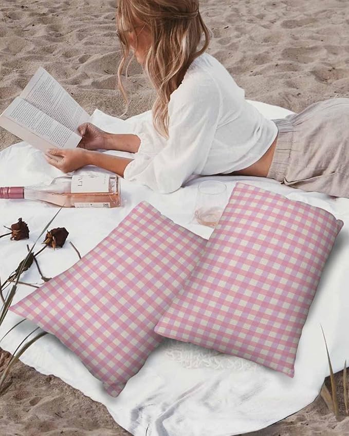 Outdoor Waterproof Throw Pillow Covers Set of 2 Pink Buffalo Plaid Lumbar Pillowcases 20x12 Inches Linen Classic Checked Patio Decorative Pillows Cushion Case Patio Pillows for Couch Bed Chair Garden