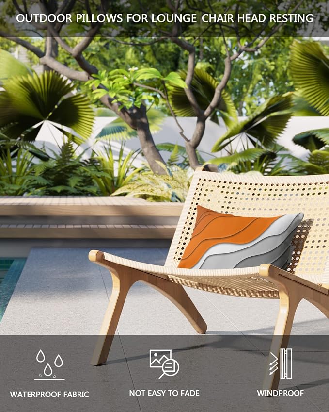 Geometric Ombre Lounge Pillows Outdoor, Aesthetic Orange Grey White Gradient Abstract Head Pillows, Modern Waterproof Patio Furniture Lumbar Pillows with Adjustable Elastic Strap for Recliner Beach