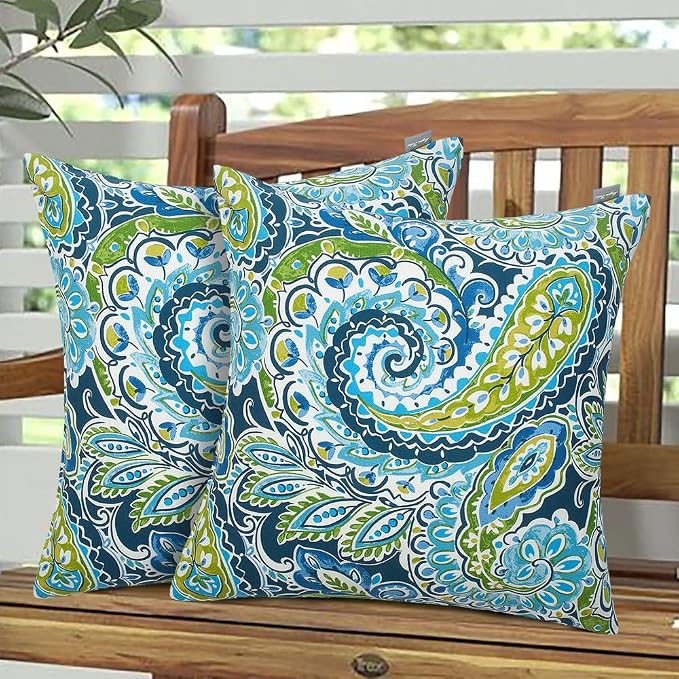 Magpie Fabrcis Pack of 2 Outdoor Waterproof Throw Pillow with Insert 18 x 18 Inch, Christmas Decorative Back Cushion Pad for Garden Patio Tent Balcony Couch Sofa(Paisley Lapis Green)