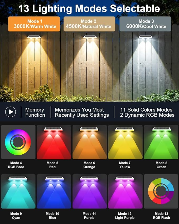 Solar Fence Lights Outdoor ,3000/4500/6000K 13 Mode, 8 Pack Fence Lights Solar Powered with Ultra-Bright Lens IP65 Waterproof,Solar Wall Light for Backyard/Step/Patio/Deck/Stair/Railings(White)
