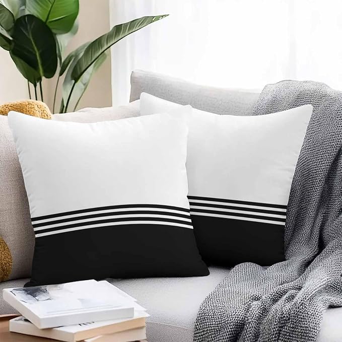 Throw Pillow Covers 24x24 Inch Set of 2, Black White Striped Waterproof Outdoor Cushion Covers, Modern Abstract Art Aesthetics Decorative Pillowcases for Couch, Sofa, Bed, Garden, Patio