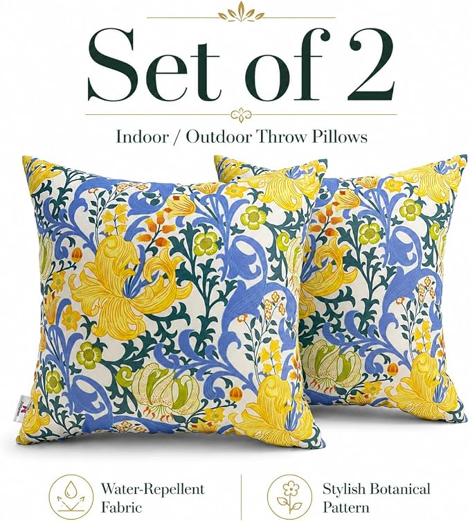 Outdoor Throw Pillows 18×18 Inch Waterproof Pillows with Inserts | Set of 2 Fade Resistant Decorative Square Pillows for Couch, Sofa and Patio Furniture