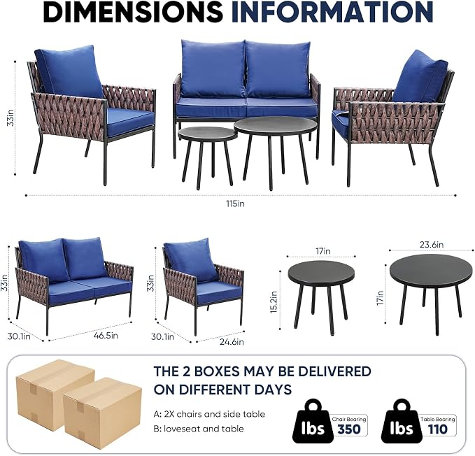 JOYURE 5 Pieces Patio Furniture Set,Outdoor Conversation Set with 2 Round Side Tables,Modern Metal Outdoor Couch with Waterproof Cushions for Backyard,Porch,Navy