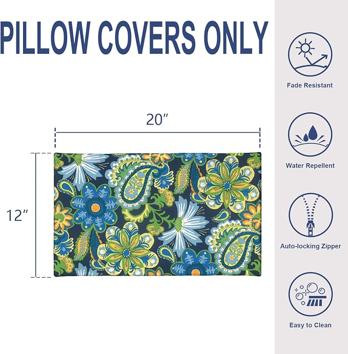 12x20 Inch Outdoor Lumbar Pillow Covers Pack of 2, All Weather Cushion Pillow Cases, Pillowcase for Patio Couch Decoration, Wonder Garden