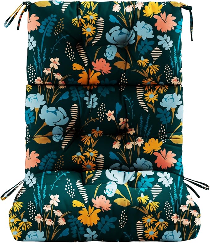 Tufted High Back Adirondack Chair Cushion 45"x21"x4",Floral | Patterned outdoor cushion with ties; premium padded design fits garden rocking chairs, multiple color options available