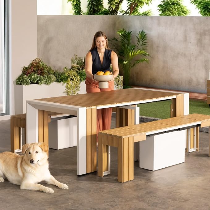 Transformer Table - Extendable Outdoor Dining Set, up to 12 Expandable Patio Table, Seats, Weather-Resistant Patio Furniture, Light Oak, Natural (Table + 2 Benches)