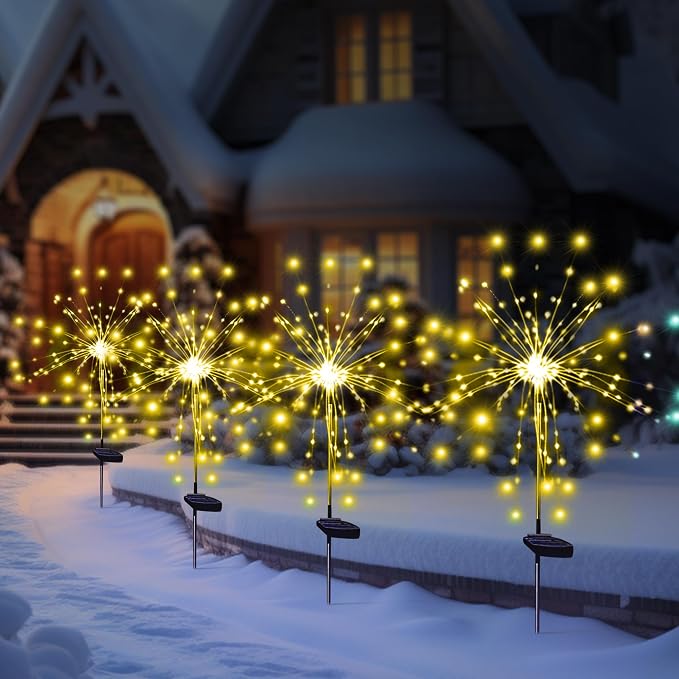 Christmas Solar Garden Firework Lights Outdoor Waterproof 6 Pack Solar Powered Art Stake Twinkle Lighting for Outside Decor, 120 LED Warm White