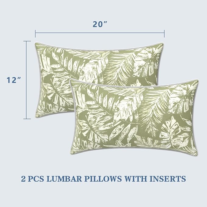 LVTXIII 2 Pack Outdoor Lumbar Pillows 12x20 Inch with White Piping, Fade Resistant Support Throw Pillows with Inserts for Patio Furniture, Sofa, Chair, Tropical Leaf Green