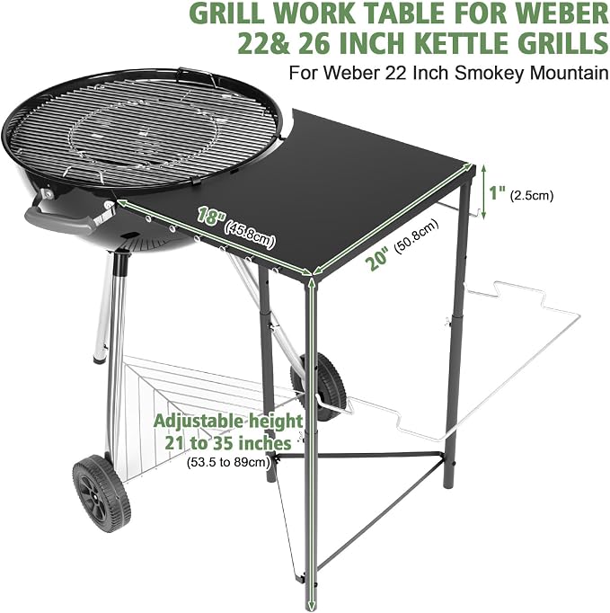 Grill Side Table for Weber Original Kettle 22& 26 inch, for Weber Smokey Mountain 22 Grills, Grill Work Table for Master Touch 22"& 26", Original Kettle Premium 22" 26", Adjustable Height