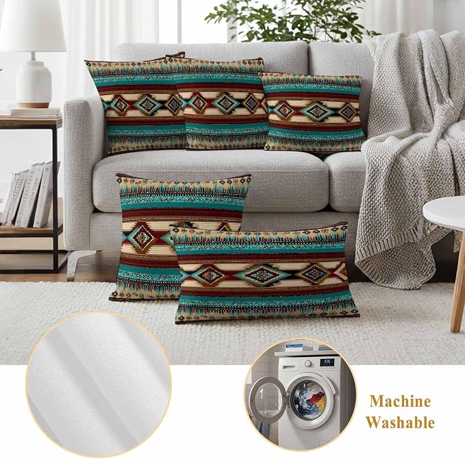 Boho Ethic Outdoor Pillow Covers 20"x20" Set of 2, Western Aztec Tribal Teal Brown Diamond Stripes Waterproof Throw Pillow Covers for Patio Furniture, Decorative Cushion Covers for Porch