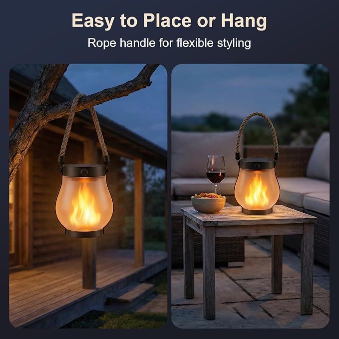 Solar Lanterns Outdoor Waterproof 4-Pack, Flickering Flame Effect | Rechargeable lanterns with USB-C charging, a decorative hanging design, and dusk-to-dawn use for patios, porches and gardens