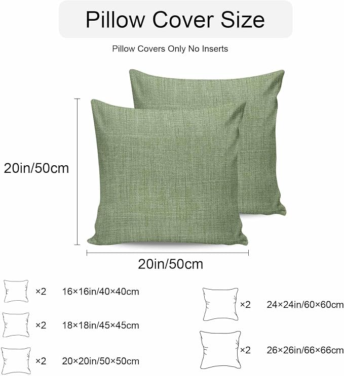 Vandarllin Outdoor Throw Pillows Covers 24x24 inch Set of 2 Waterproof Sage Green Linen Decorative Zippered Cushion Covers for Patio Furniture, Farmhouse Pure Color Lumbar Pillowcases
