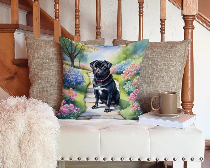 Caroline's Treasures Black Pug Spring Path Throw Pillow Machine Washable, Indoor Outdoor Decorative Pillow for Couch, Bed or Patio, 14Hx14W