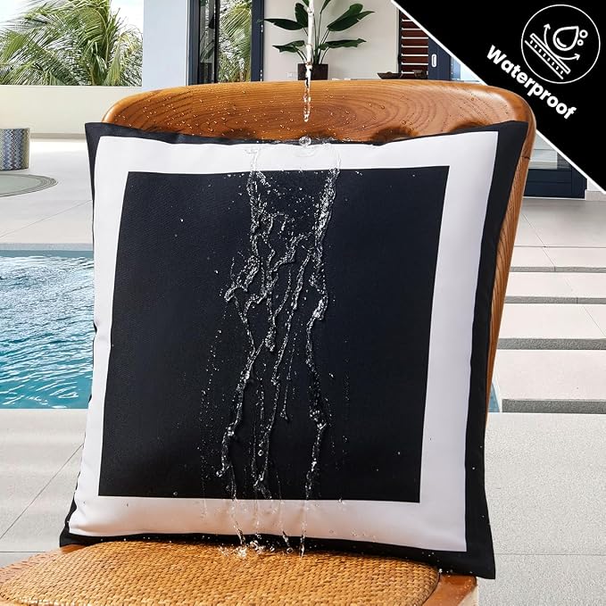 JOJOGOGO Black Outdoor Pillow Covers Waterproof 16x16 Set of 2 Black and White Square Decorative Outdoor Throw Pillows for Porch Garden and Patio Furniture