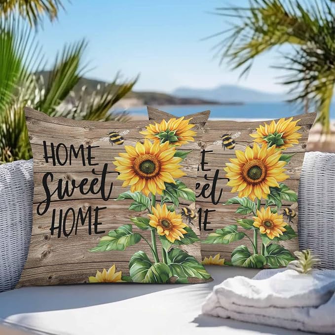 Throw Pillow Covers 18x18 Inch Set of 2, Sunflower Bee Waterproof Outdoor Pillow Covers, Farmhouse Country Wooden Plank Brown Decorative Cushion Pillowcases for Couch, Sofa, Bed, Garden, Patio