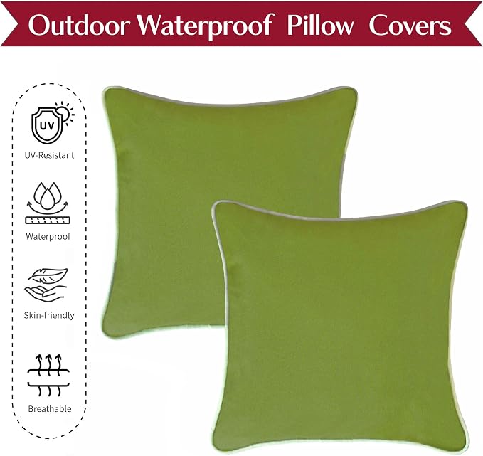 HER HWA Outdoor Throw Pillow Covers White Piping 18"x18" Set of 2, Garden | durable fade-resistant water-resistant 100% polyester white piping smooth zipper machine washable for indoor outdoor décor