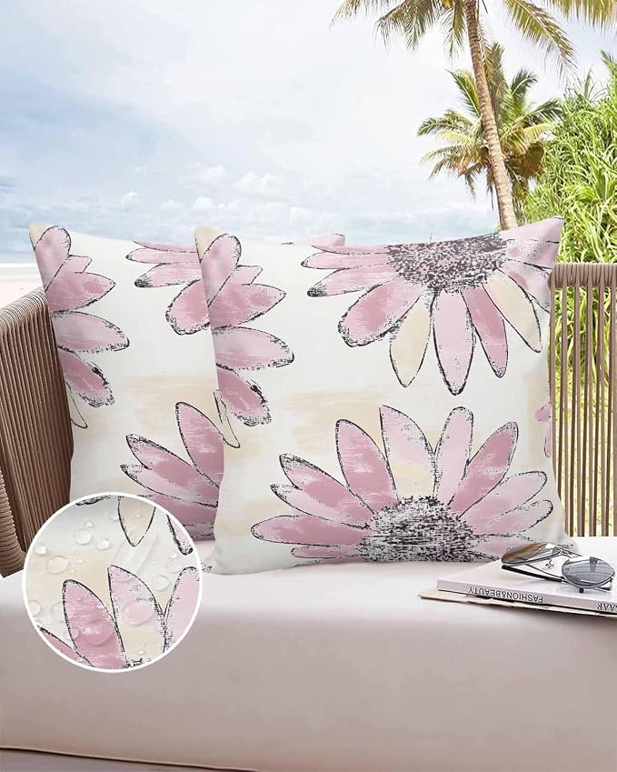 Vandarllin Outdoor Throw Pillows Covers 26x26 inch Set of 2 Waterproof Pink Sunflower Decorative Zippered Cushion Covers for Patio Furniture, Flower Field Lumbar Pillowcases