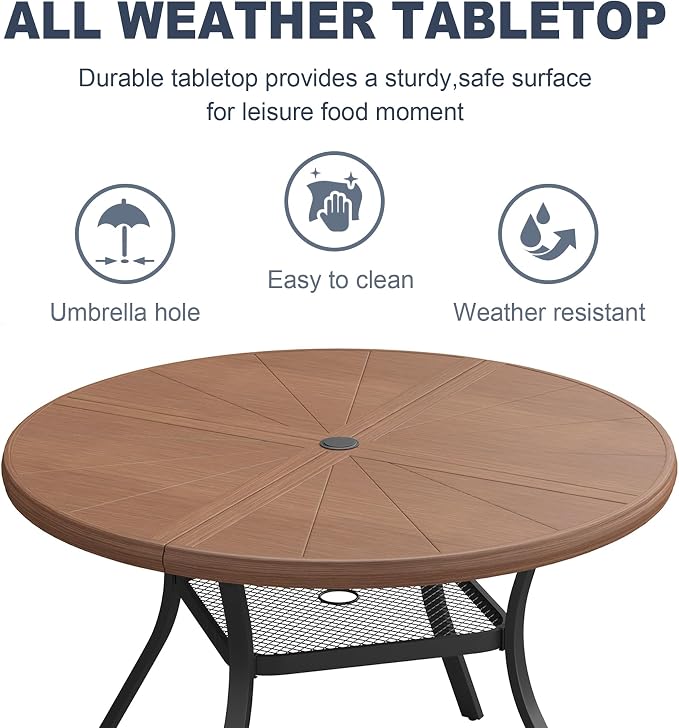 VICLLAX Round Patio Dining Table, 4 Person Aluminum Outdoor Dining Table with Umbrella Hole and Storage Shelf for Garden Lawn Deck, 40.6" Walnut