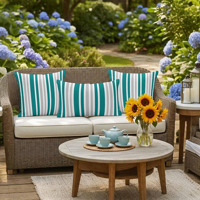 Teal Grey Stripe Outdoor Pillow Covers 24x24 Inch Throw Pillow Covers Set of 2 Waterproof Decorative Pillow Cases Farmhouse Minimalist Striped Cushion Covers for Patio Furniture Garden Couch Sofa