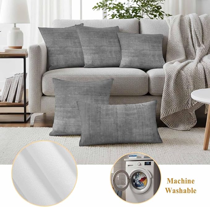 Vandarllin Outdoor Throw Pillows Covers 24x24 inch Set of 2 Waterproof Grey Linen Decorative Zippered Cushion Covers for Patio Furniture, Solid Color Texture Lumbar Pillowcases