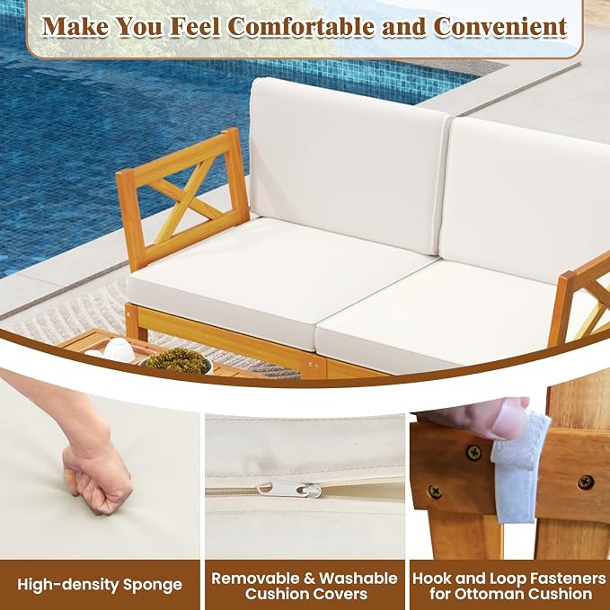 HAPPYGRILL 5 Pieces Acacia Wood Patio Furniture Set, Outdoor Sectional Couch with 2-Tier Coffee Table and Cushions, L Shaped Outdoor Conversation Set for Porch, Garden, Backyard